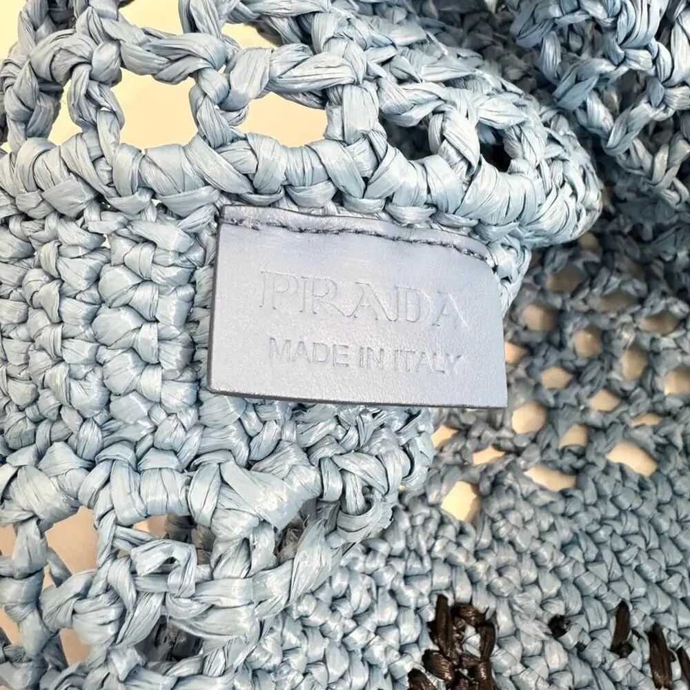 PRADA Blue Yarn Raffia Effect Crochet Logo Embroidered Tote Bag Black Shoulder